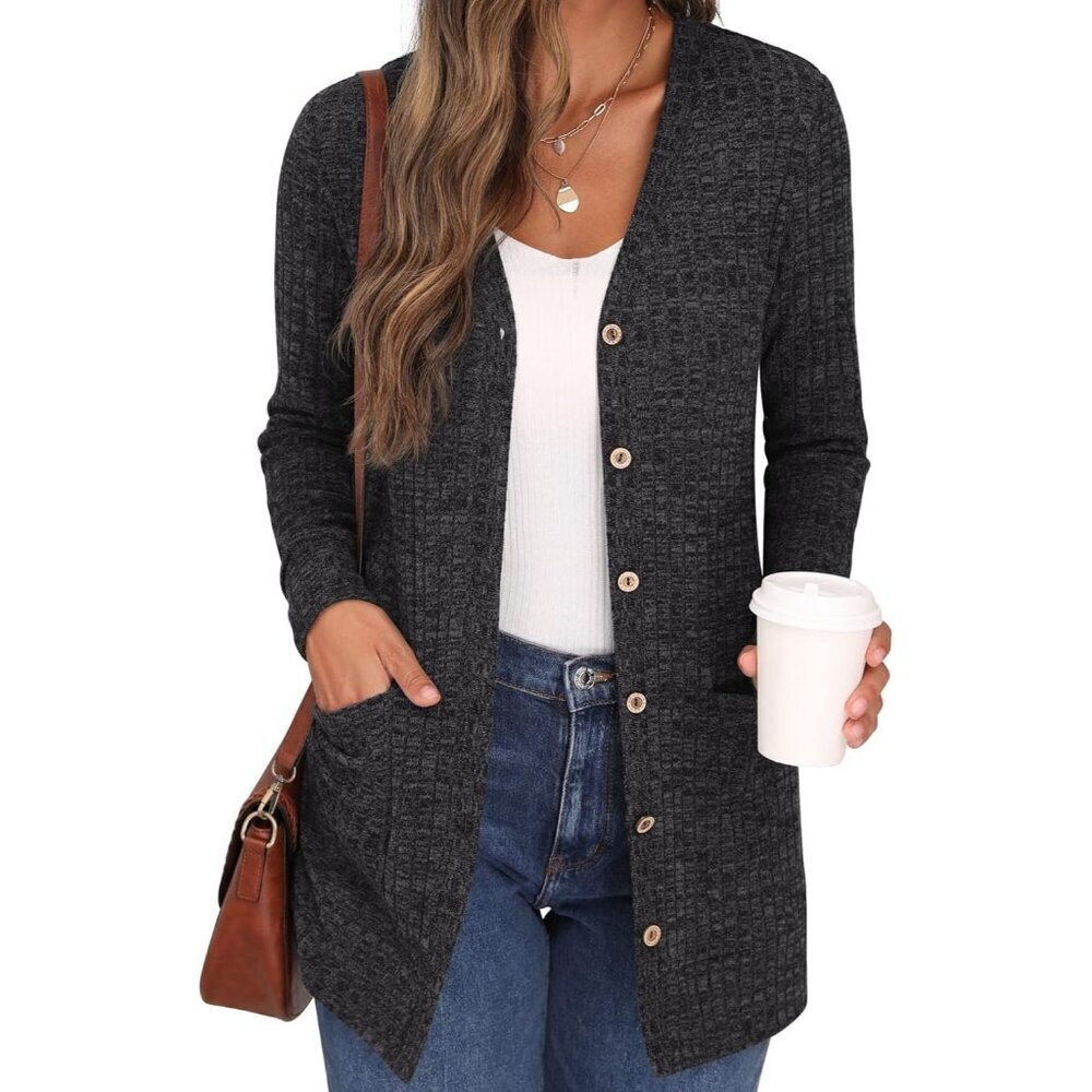 🆕Grecerelle Womens Gray Open Front Button Down Ribbed Knit Lightweight Sweaters